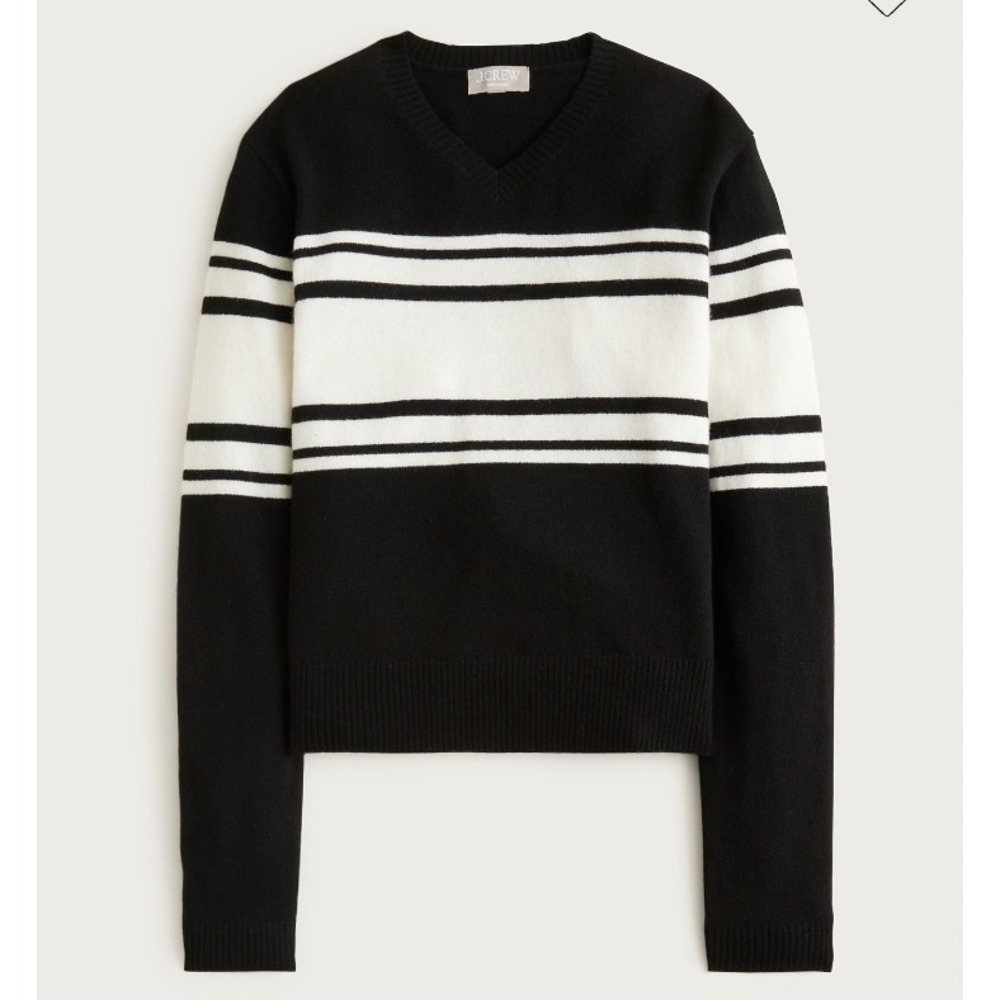 J.Crew Cashmere High V-neck Sweater Women's Size Large Black White Stripe Soft